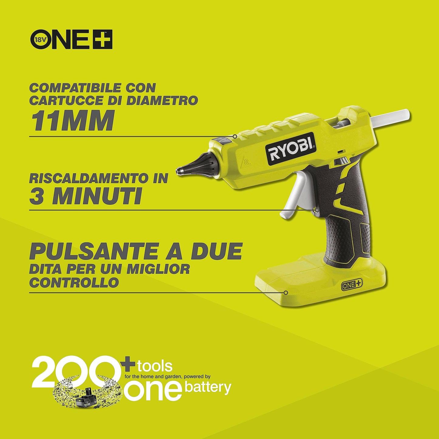Ryobi R18GLU-0 Pistola per Colla a Caldo a Batteria 18V ONE+, Batteria non Inclusa, Si Riscalda in 3 Minuti, Autonomia fino a 60 Cartucce