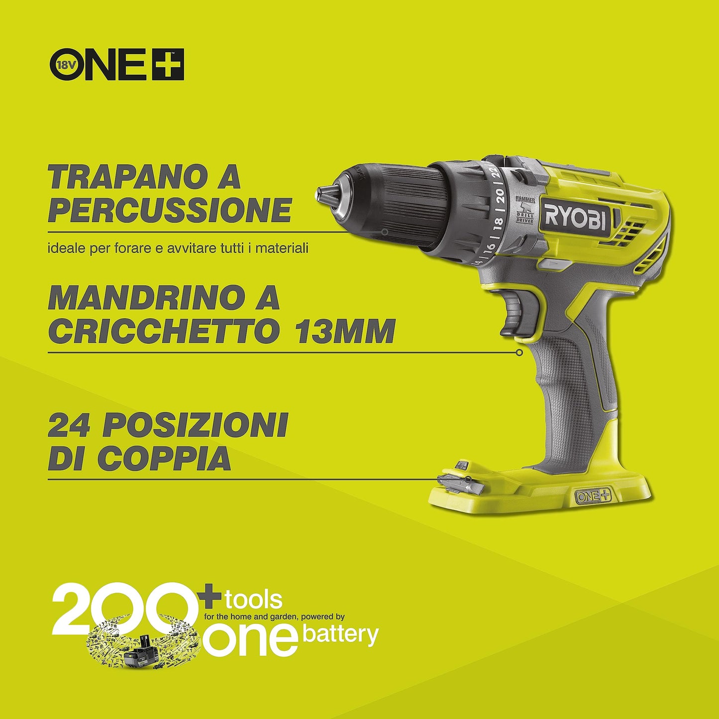 Ryobi R18PD3-0 Trapano Avvitatore a Percussione a Batteria 18V ONE+, Batteria non Inclusa, con Luce LED, 2 Velocità, per Legno, Metallo e Muratura