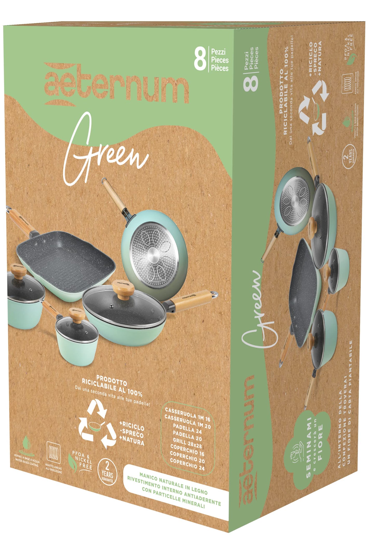 Aeternum Green Induction Wood, Batteria 8 Pezzi, Padelle Antiaderenti, Adatto a Induzione, Manici in Legno di Faggio, Include 3 Padelle, 2 Casseruole, 3 Coperchi, 100% materiali riciclabili, Verde