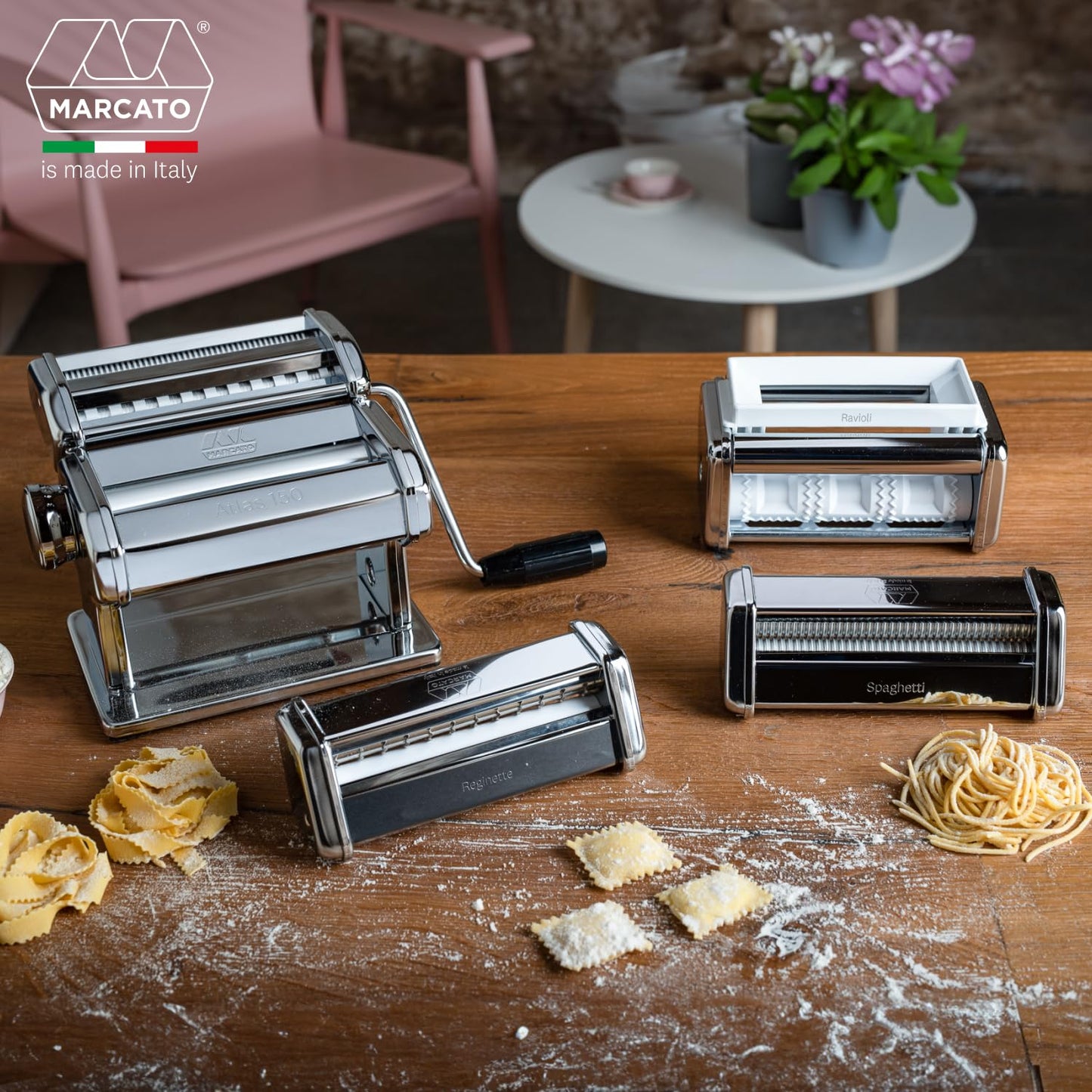 Marcato Multipast Macchina per Pasta Manuale Acciaio Cromato con Accessori : Ravioli, Spaghetti e Reginette