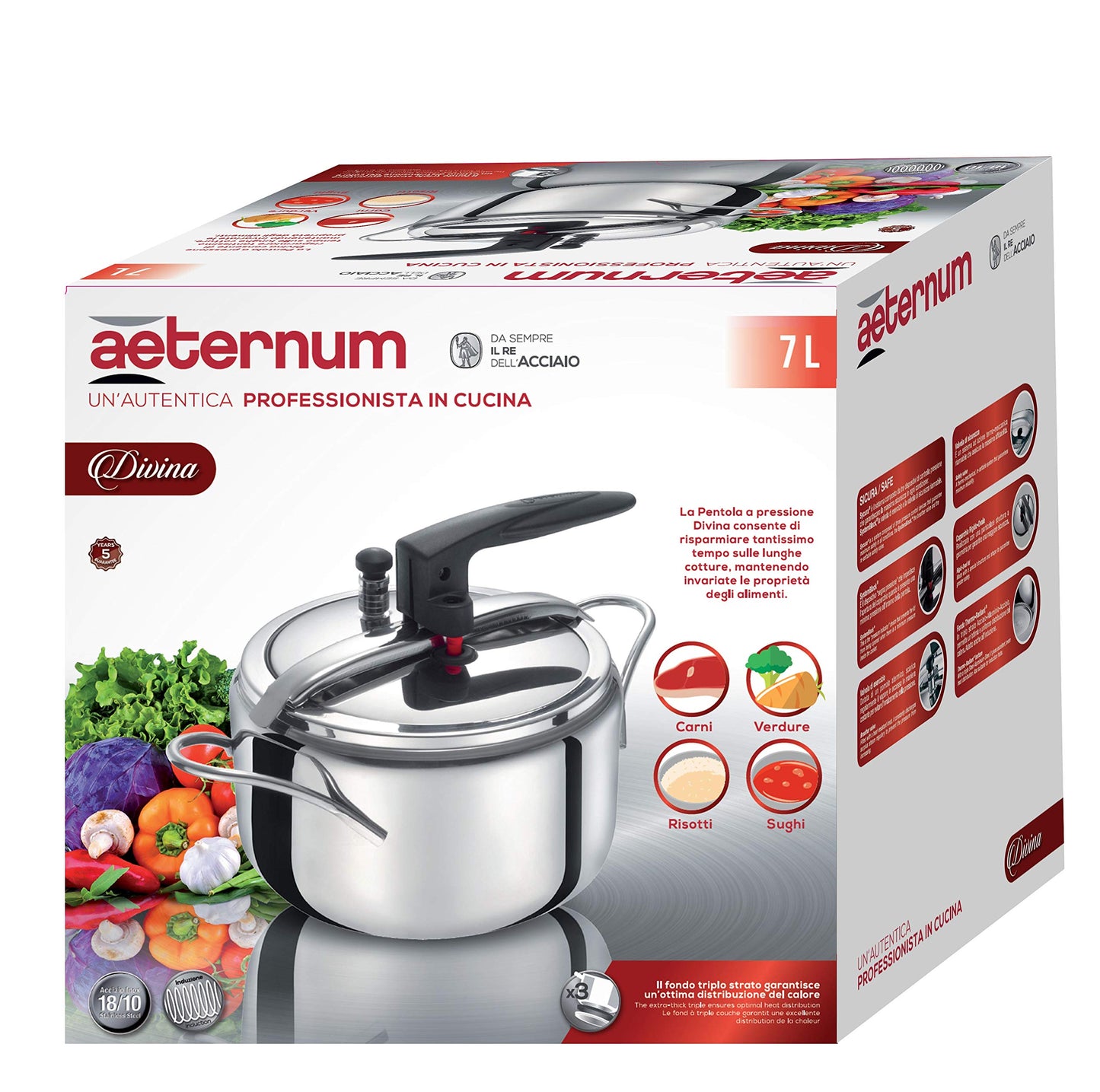 Aeternum Divina, Pentola a Pressione da 7 Litri con Valvola di Sicurezza, Acciaio Inox, Adatta all'induzione, 18/10, Antracite