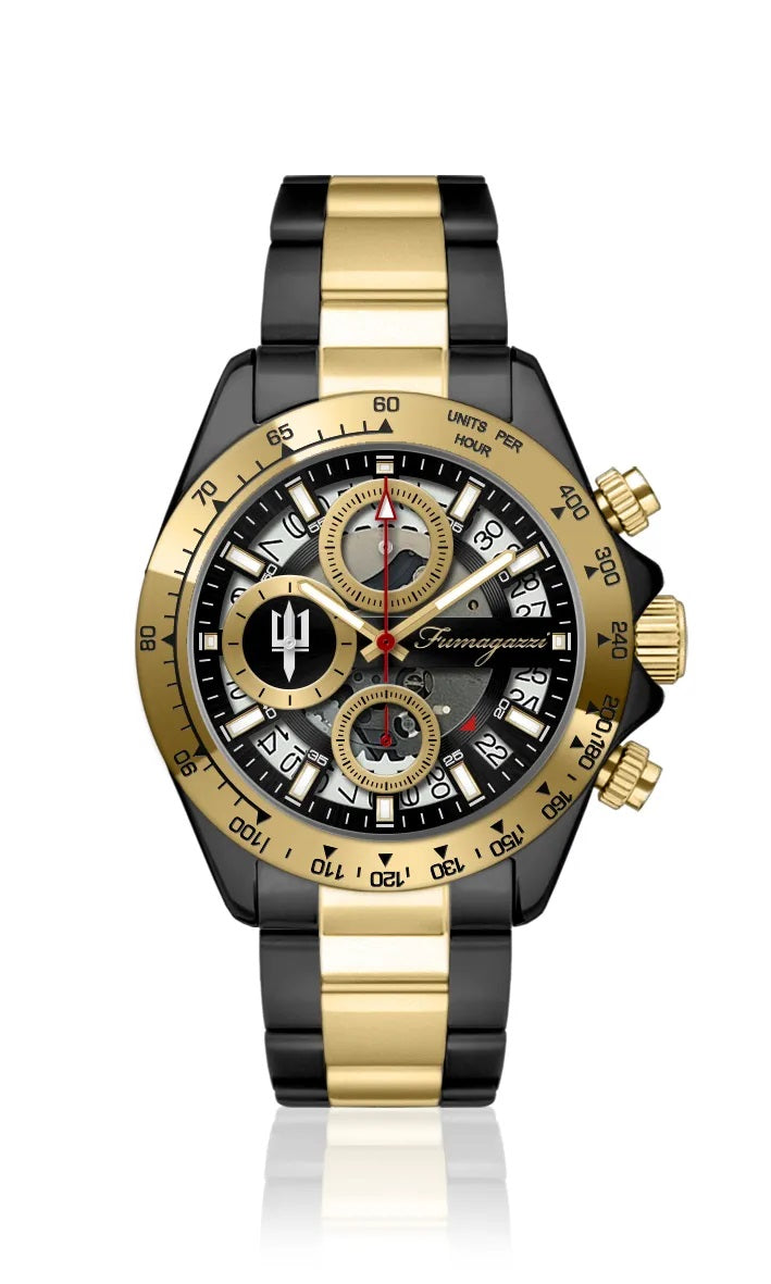 Orologio Fumagazzi Blasphemo Romagnolo | ø39 mm Cassa acciaio con Ghiera tachimetrica IP gold, Movimento cronografo meca-quarzo, Cinturino Acciaio, 5 ATM.