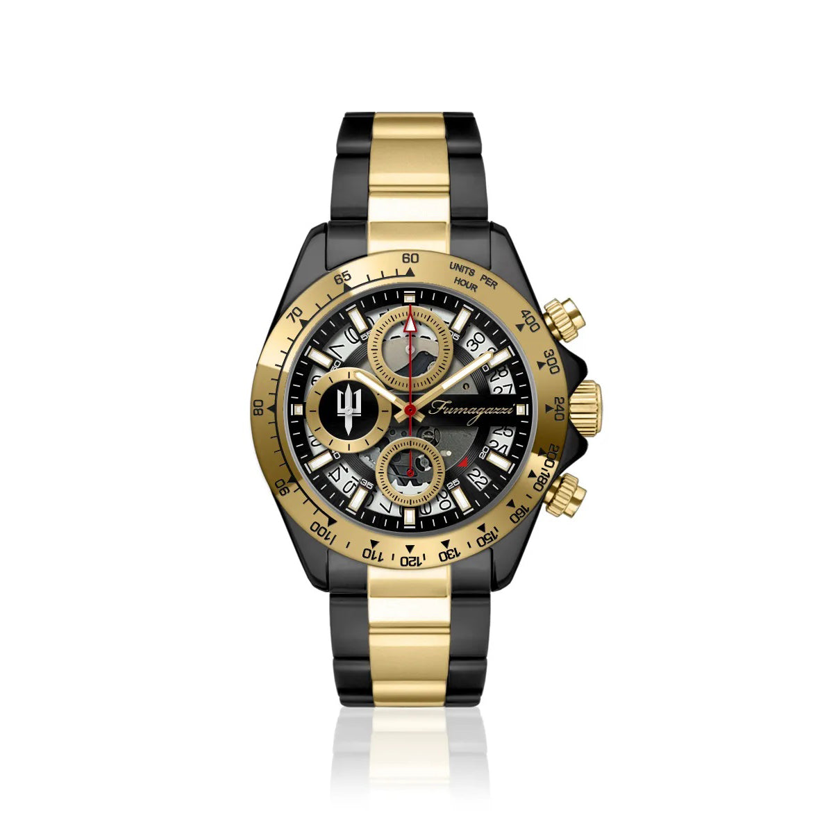 Orologio Fumagazzi Blasphemo Romagnolo | ø39 mm Cassa acciaio con Ghiera tachimetrica IP gold, Movimento cronografo meca-quarzo, Cinturino Acciaio, 5 ATM.