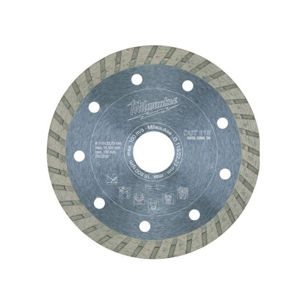 Milwaukee Disco diamantato Turbo per Smerigliatrici - DUT 115mm , Altissima Qualità, per Materiali moldo duri