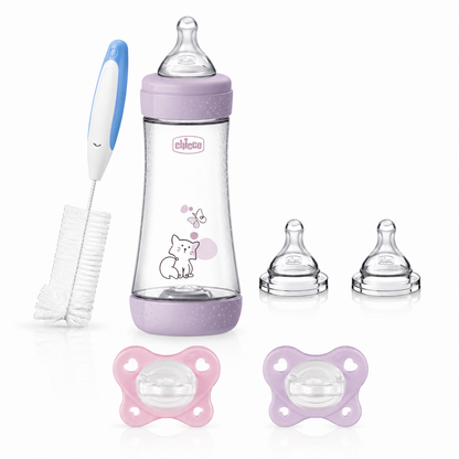 Starter kit Chicco, Biberon Perfect5, Tettarelle di Ricambio, 2 Ciucci Gommotti e Scovolino per la Pulizia Interna