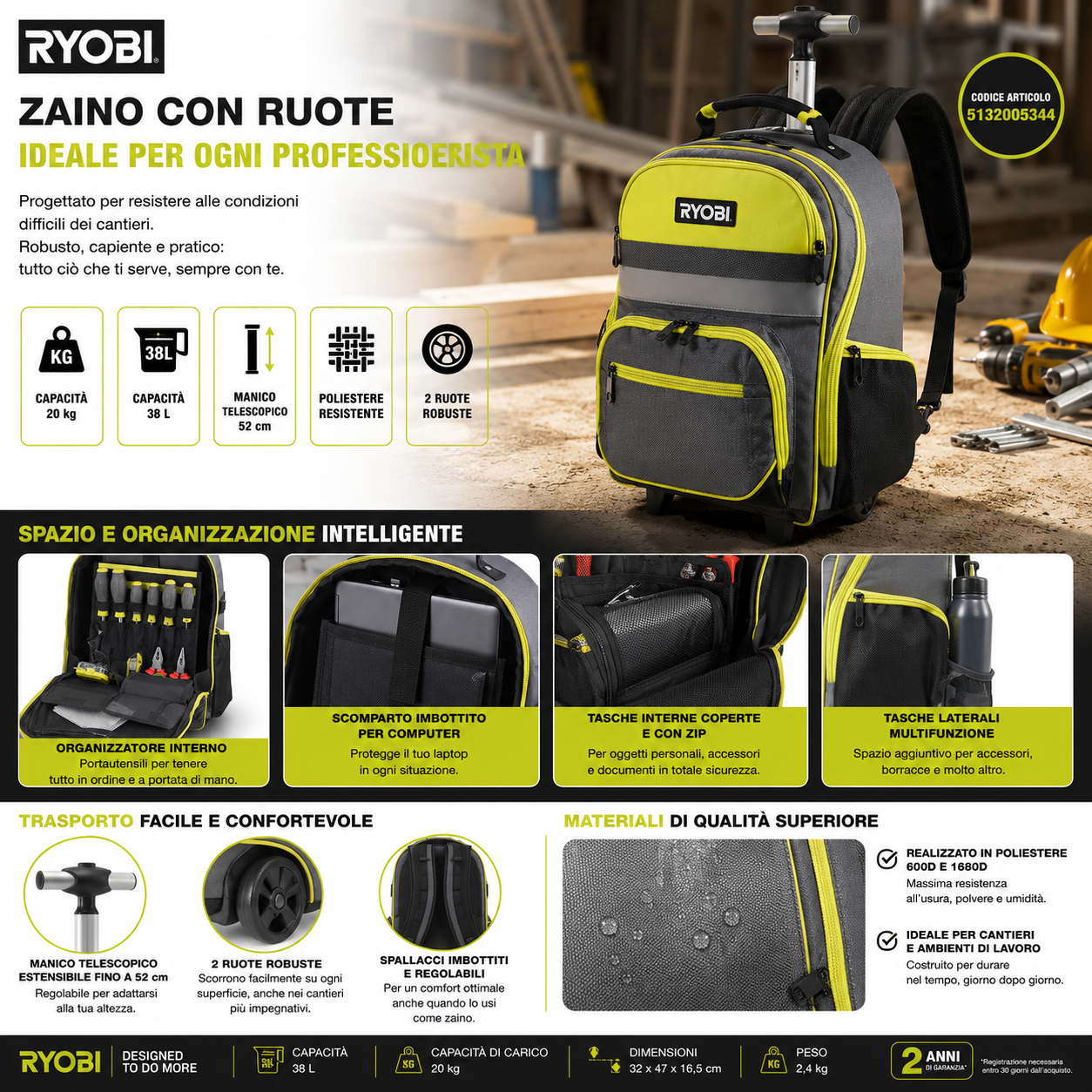 RYOBI - Zaino con Ruote Capacità: 20 kg - Materiale della borsa: poliestere 600 denari - Materiale delle tasche: poliestere 1680 denari
