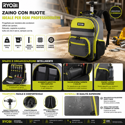 RYOBI - Zaino con Ruote Capacità: 20 kg - Materiale della borsa: poliestere 600 denari - Materiale delle tasche: poliestere 1680 denari