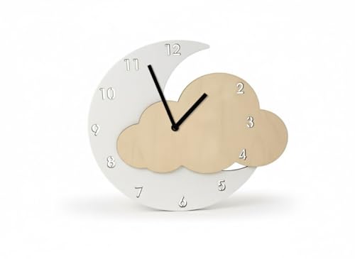 Orologio da Parete Luna e Nuvola in Legno e Plexiglass, Personalizzabile con Nome e Testo, 30x38 cm, Decorativo per Cameretta, Alimentato a Batteria