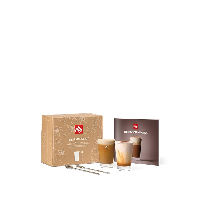 ILLY Milkfrother | Montalatte Elettrico + Indulgence Kit, Un set con 2 Bicchieri in vetro illy, due Cucchiaini in Acciaio inox di Design e un Ricettario di Ricette Caffè