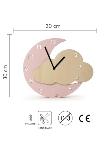 Orologio da Parete Luna e Nuvola in Legno e Plexiglass, Personalizzabile con Nome e Testo, 30x38 cm, Decorativo per Cameretta, Alimentato a Batteria