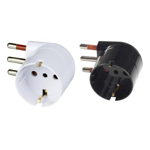 ROSI Adattatore Presa Schuko, Spina Italiano (L) 90° Salvaspazio, Plastica, Certificato CE, Confezione da 2 Pezzi, Bianco o Nero