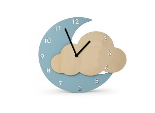 Orologio da Parete Luna e Nuvola in Legno e Plexiglass, Personalizzabile con Nome e Testo, 30x38 cm, Decorativo per Cameretta, Alimentato a Batteria