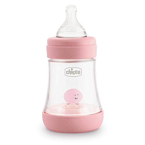 Chicco PERFECT 5 Biberon Anticolica 150 ml, Biberon Flusso Lento 0 Mesi + con Tettarella in Morbido Silicone, Biberon Biofunzionale con Intui-flow System da 150 ml, Rosa