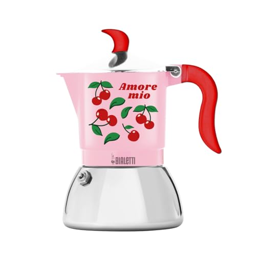Bialetti Caffettiera Moka Induction Amore Mio 3 Tazze, Rossa con Ciliegie, Alluminio, 130 ml, Preparazione Caffè Espresso Manuale, adatta ai Piani Induzione