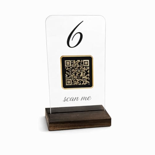 Segnatavolo con QR Code per Ristorante e Pizzeria – Plexiglass Trasparente con Numero Tavolo Nero, Base in Legno di Faggio – Espositore Elegante da Tavolo con Codice QR o Logo Personalizzato