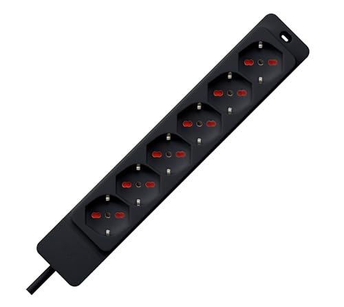 ROSI Multipresa Serie Emilia Specialist, 6 Prese Bivalenti Schuko 10/16A, Cavo 1,5m, Interruttore Bipolare, Nero