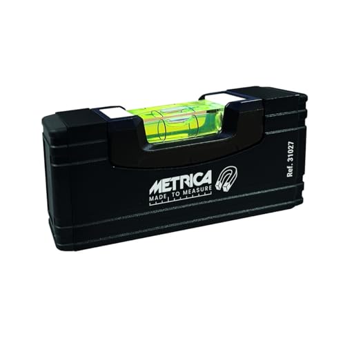 Metrica Mini Livella a Bolla Magnetica, 10 cm, Alluminio Profilato, Nera, con Fiala Acrilica Resistente agli Urti, Tappi in Gomma