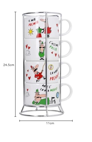 Bialetti - Set 4 Tazzine Espresso Italia per Cappuccino, Impilabili con Supporto in Metallo