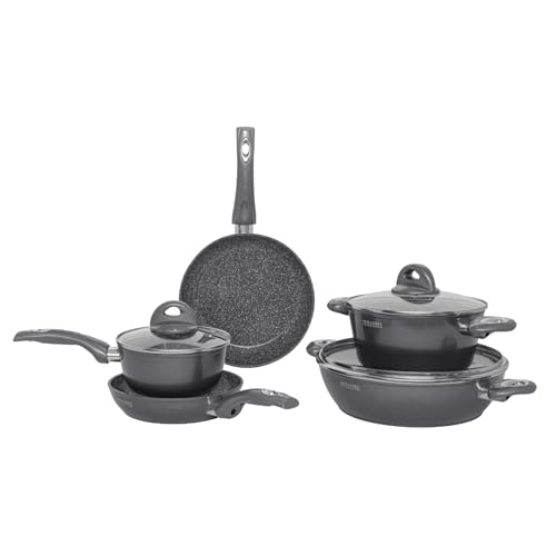 Aeternum, Petragres Ecosolution, Batteria 8 pezzi, 2 Padelle 20-24 cm, 2 Casseruole 16-20 cm, 1 Tegame 28 cm, 3 Coperchi 16-20-28 cm, Full Induction, Adatto all'Induzione, Riv. PFAS FREE, Grigio scuro