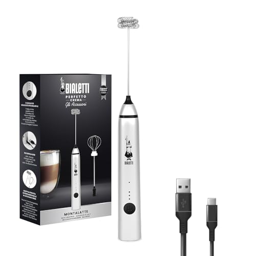 Bialetti Whipper, Regolabile su 3 Livelli, Doppia Frusta, Ricarica USB, Acciaio Inossidabile