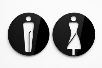 Cartello WC Pittogramma Uomo Donna Cerchio Design Moderno, Forma Circolare, Uomo e Donna, Stile Moderno, Segnaletica Bagno, Finitura Lucida, Autoadesivi