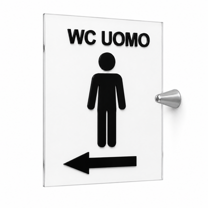 Cartello WC Donna, o Uomo a Bandiera in Plexiglass Trasparente, con Pittogrammi Neri in Rilievo, 15x20 cm, con Supporto in Metallo,