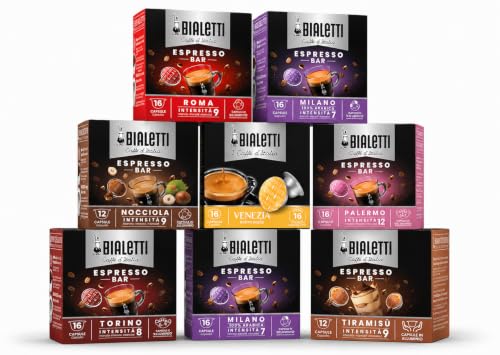 Bialetti 120 Capsule Assortite in Alluminio per Caffè Espresso - Degustazione 8 Scatole Miste - Compatibili con Macchine Bialetti; Roma, Napoli, Palermo, Venezia, Torino, Nocciola, Tiramisu, Caramello