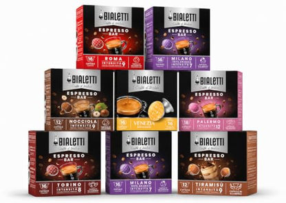 Bialetti 120 Capsule Assortite in Alluminio per Caffè Espresso - Degustazione 8 Scatole Miste - Compatibili con Macchine Bialetti; Roma, Napoli, Palermo, Venezia, Torino, Nocciola, Tiramisu, Caramello