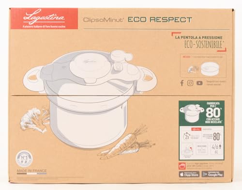 Lagostina Clipso Eco Respect 6L, Pentola a Pressione 2 in 1 con 80% di Acciaio Riciclato, Fondo a 3 Strati, Valvola di Esercizio, Coperchio Sicuro e App per Android e IOS