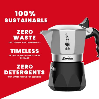 Bialetti Caffettiera New Brikka 2023, 2 Tazze, Espresso Cremoso come al Bar, Non Adatta a Piano Induzione, Manico antiscottatura, Design Elegante, Alluminio