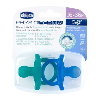 PhysioForma Ciuccio in Silicone 16 - 36 Mesi, Set di Gommotti Morbidi e Delicati, Supportano la Respirazione Fisiologica e Favoriscono il Corretto Sviluppo della Bocca, Azzurro