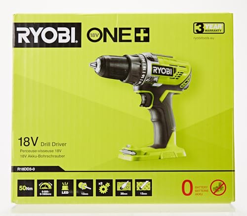 Ryobi R18DD3 – 0 Trapano Avvitatore a Batteria 18V ONE+, Batteria non Inclusa, con Luce LED, 2 Velocità, per Legno e Metallo