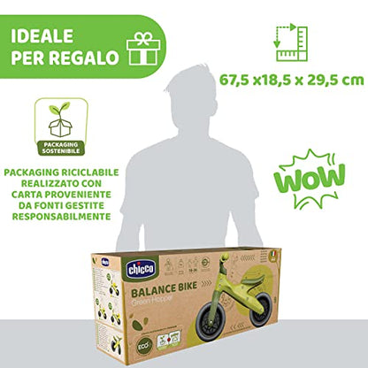 Chicco Balance Bike Eco+, Bici Bambini da 18 mesi a 3 anni (Fino a 25 kg), Bicicletta Senza Pedali per l'Equilibrio, Manubrio e Sellino Ergonomici, Ruote Antiforatura, 80% Plastica Riciclata