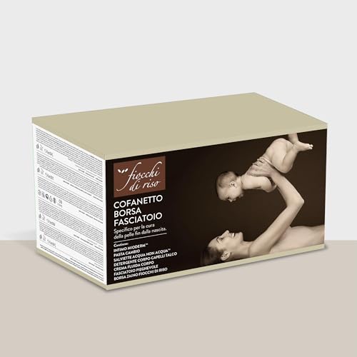 Fiocchi di Riso - COFANETTO BORSA FASCIATOIO - Kit cura della pelle dei neonati: Salviette Acqua NON Acqua, Pasta Cambio, Crema Fluida Corpo, Detergente Intimo Mioderm, Detergente Corpo, Capelli Talco