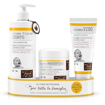 Fiocchi di Riso Crema Fluida Corpo, Latte Idratante 24h, con Olio di Riso e Mandorle, per Pelle Sensibile di Neonati e Bambini, 140 ml
