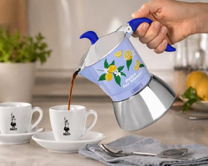 Bialetti Caffettiera Moka Fiammetta Induction Dolce Far Niente 2 Tazze, Blu con Limoni, Alluminio, 100 ml, Adatta ai Piani ad Induzione