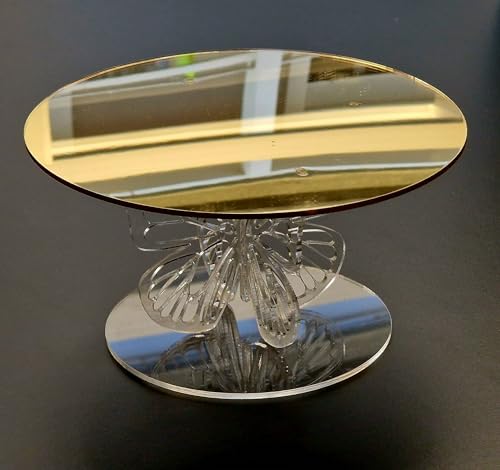 Alzatina Decorativa Rotonda con Farfalle in Plexiglass Oro, Base a Specchio, per Catering Dolci | Alzate per Wedding, Comunione, Negozi, Esposizione, tema Farfalla. (Piccola Ø18 x h8 cm)