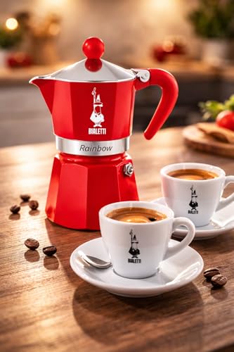 Bialetti Moka Rainbow Caffettiera 3 Tazze, Rossa, Alluminio, Preparazione Caffè Espresso, Design Classico, Manuale, 130ml