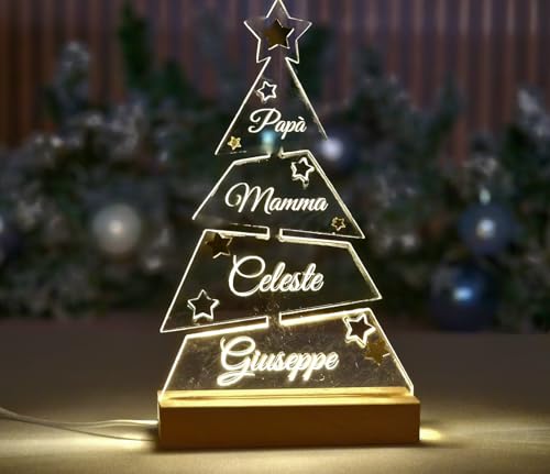 Lampada Led Albero di Natale Personalizzato 25cm | Alberello in Plexiglass Trasparente Personalizzabile con Nomi della Famiglia o Testo inciso al Laser