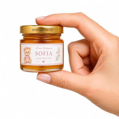 10 Mini Vasetto di Miele Personalizzato Segnaposto con Spargimiele non apllicato, Bomboniera Elegante in Vetro 28 g, Segnaposto Personalizzato, Miele per Eventi, Etichetta Personalizzata, Bomboniera