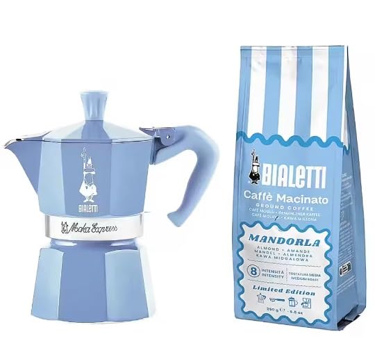 Bialetti Moka Express in Alluminio Set Caffettiera 3 Tazze Turchese con Caffè Macinato Mandorla 250g aromatizzato alla Mandorla