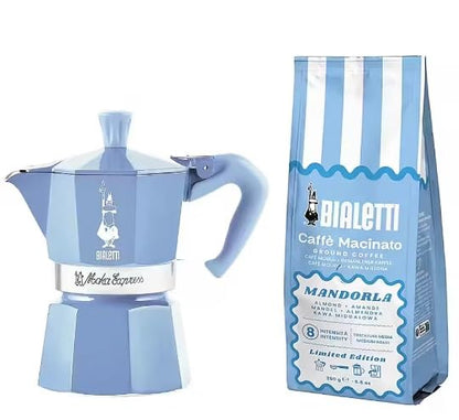 Bialetti Moka Express in Alluminio Set Caffettiera 3 Tazze Turchese con Caffè Macinato Mandorla 250g aromatizzato alla Mandorla