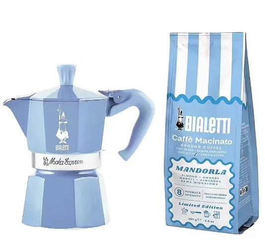 Bialetti Moka Express in Alluminio Set Caffettiera 3 Tazze Turchese con Caffè Macinato Mandorla 250g aromatizzato alla Mandorla