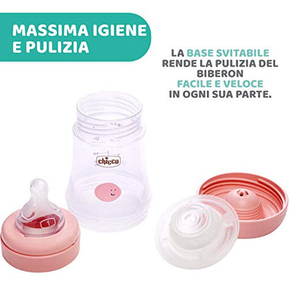 Chicco PERFECT 5 Biberon Anticolica 150 ml, Biberon Flusso Lento 0 Mesi + con Tettarella in Morbido Silicone, Biberon Biofunzionale con Intui-flow System da 150 ml, Rosa