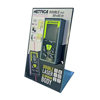 Metrica 61662 - Misuratore Laser Double: 60+60 Metri, Corpo in Alluminio, Magnetico, Funzione HSA, e Inclinometro; Ricaricabile con USB-C