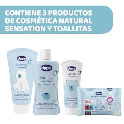 CHICCO Natural Sensation, Nappy Changing and Bathing Set with Cotton Beauty Case, Tears-Free Shampoo Bath 200 ml, Body Cream 150 ml, Soothing Paste 100 ml, Cleansing Wipes, Pink