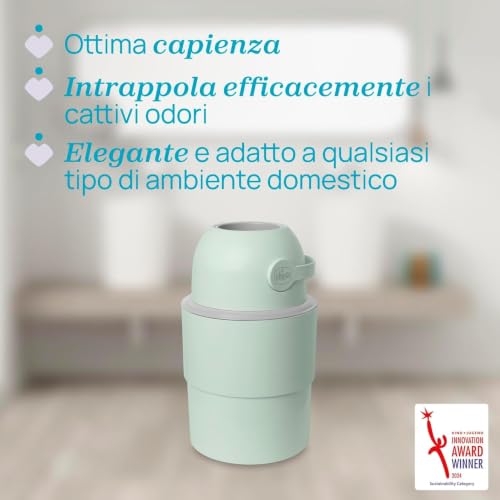 Chicco Mangiapannolini Telescopico Controlla Odori Compatto, Smaltimento Pannolini, Cestino Contenitore Pieghevole e Salvaspazio, Verde + 45 Sacchetti Odour off