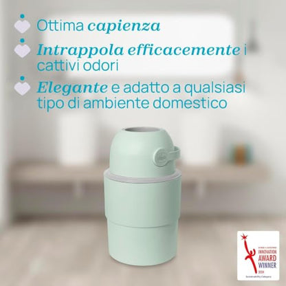 Chicco Mangiapannolini Telescopico Controlla Odori Compatto, Smaltimento Pannolini, Cestino Contenitore Pieghevole e Salvaspazio, Verde + 45 Sacchetti Odour off
