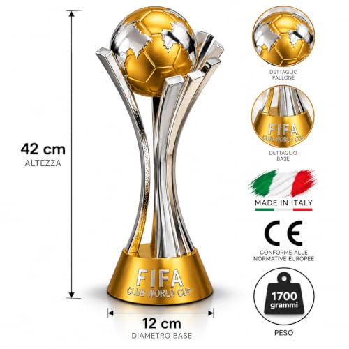 Trofeo Club World Cup in Resina 42 cm | Coppa Mondiale per Club Oro e Argento Lucido, Base Antiscivolo, Altezza 42 cm, Premiazione Calcio, Da Collezione