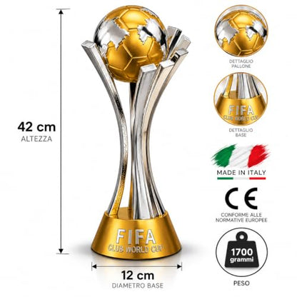 Trofeo Club World Cup in Resina 42 cm | Coppa Mondiale per Club Oro e Argento Lucido, Base Antiscivolo, Altezza 42 cm, Premiazione Calcio, Da Collezione